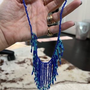 Blue beaded fringe necklace